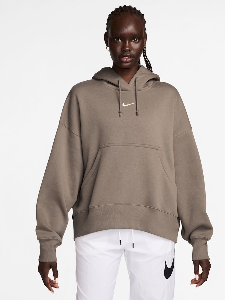 Nike Brown Oversized Phoenix Fleece Over Mini Swoosh Pullover Hoodie - Image 1 of 2