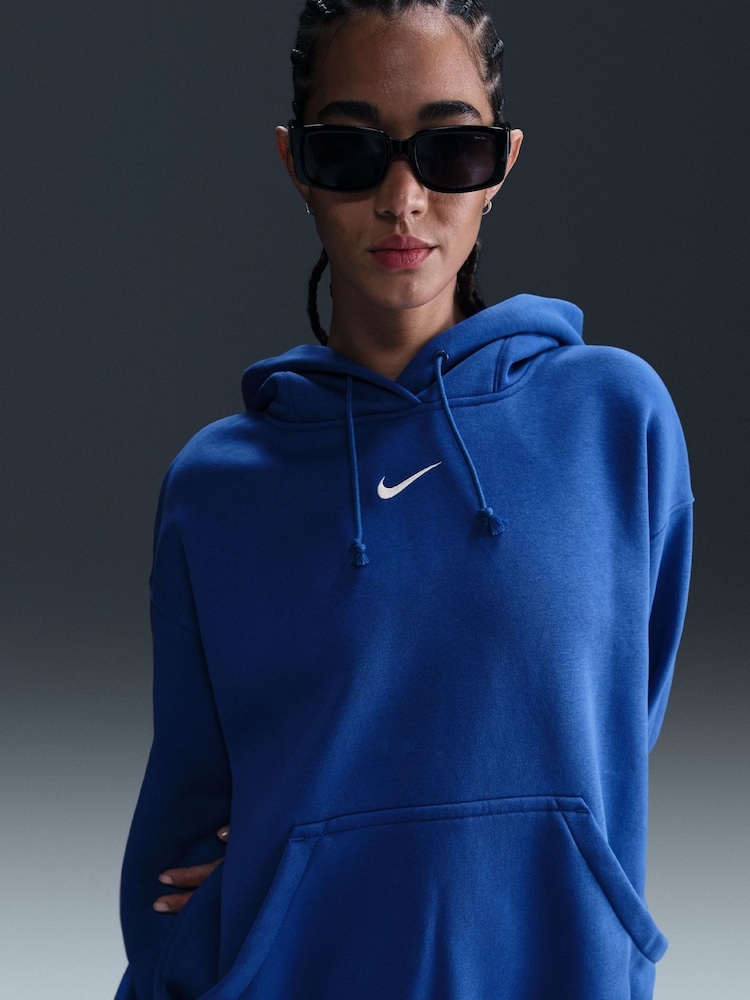 Koningsblauw - Nike oversized sportkleding Phoenix fleece mini swoosh pullover met hoodie - Image 3 of 5