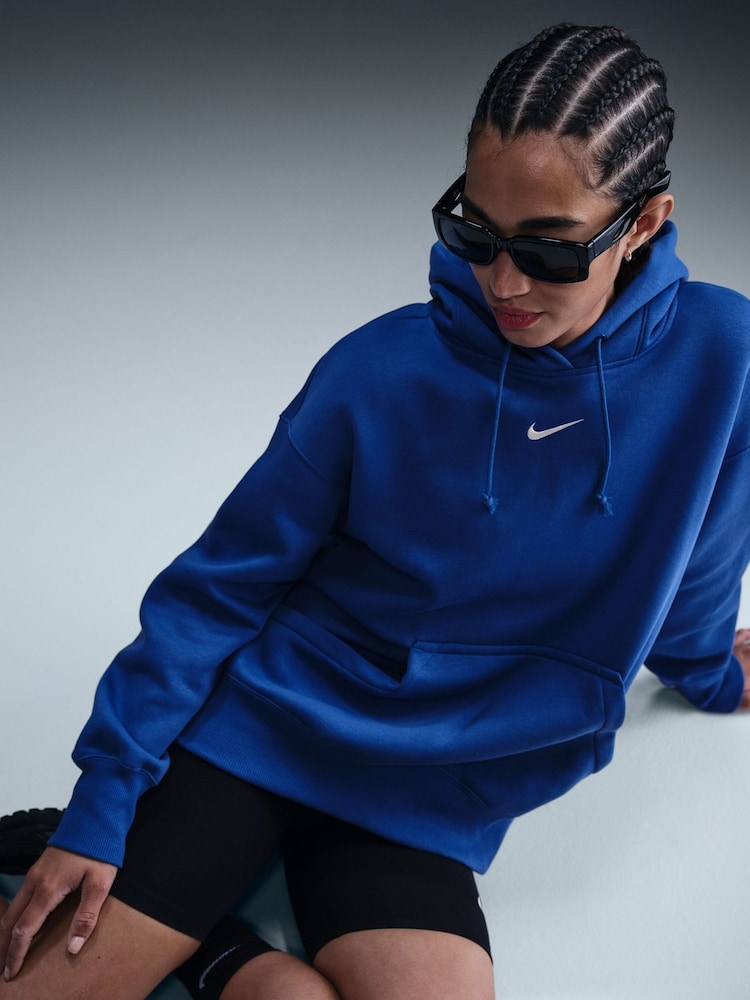 Koningsblauw - Nike oversized sportkleding Phoenix fleece mini swoosh pullover met hoodie - Image 4 of 5