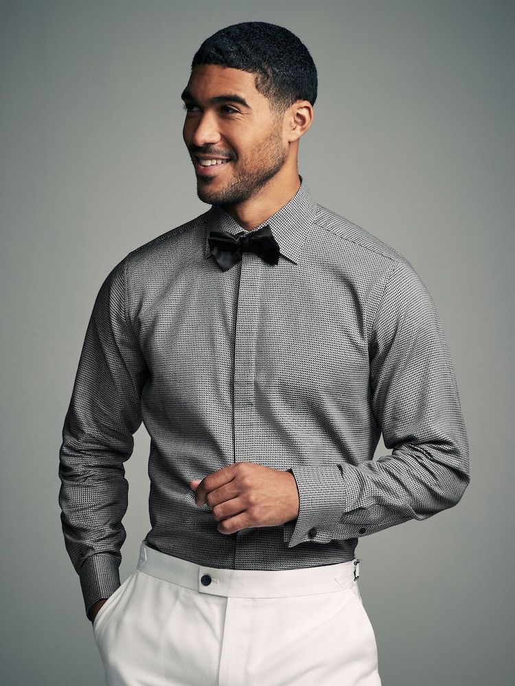 Grey Textured/Black Slim Fit Double Cuff Shirt And Bow Tie Pack - Image 1 of 7