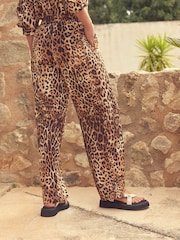 Brown Leopard Print Drawstring Wide Leg Trousers - Image 3 of 6