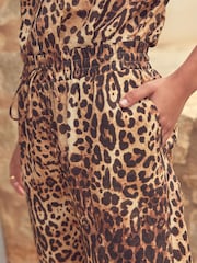 Brown Leopard Print Drawstring Wide Leg Trousers - Image 4 of 6