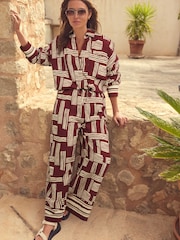 Berry Red/White Geometric Print Drawstring Wide Leg Trousers - Image 1 of 6