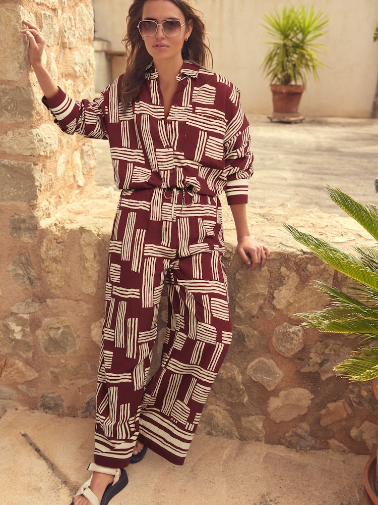 Berry Red/White Geometric Print Drawstring Wide Leg Trousers - Image 1 of 6