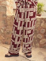 Berry Red/White Geometric Print Drawstring Wide Leg Trousers - Image 2 of 6