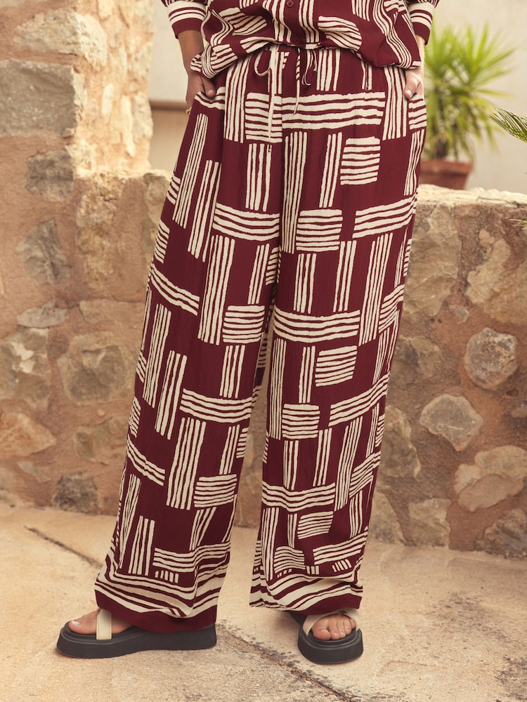 Berry Red/White Geometric Print Drawstring Wide Leg Trousers - Image 2 of 6