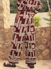 Berry Red/White Geometric Print Drawstring Wide Leg Trousers - Image 3 of 6