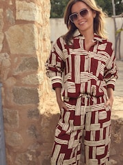 Berry Red/White Geometric Print Long Sleeve Shirt - Image 1 of 5