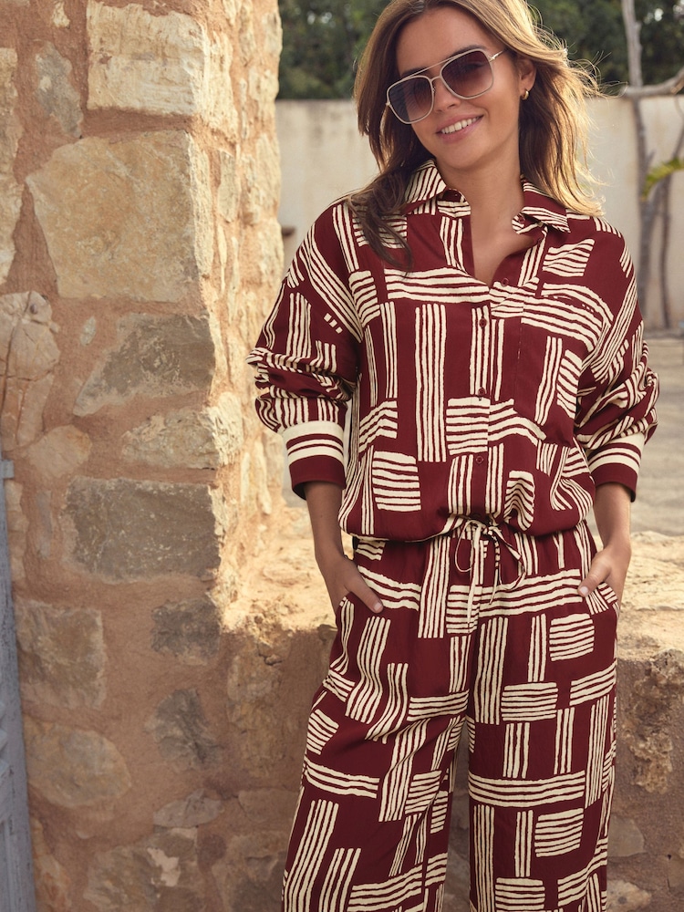 Berry Red/White Geometric Print Long Sleeve Shirt - Image 1 of 5