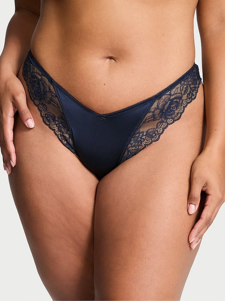 Victoria's Secret Dark Twilight Blue Thong Rose Lace Trim Knickers - Image 1 of 1
