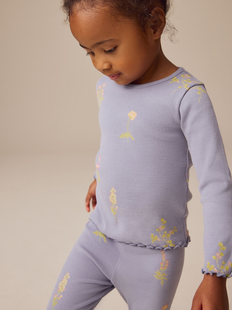 Bleu marine à petites fleurs - T-shirt côtelé à manches longues (3 mois à 7 ans) - Image 2 of 7