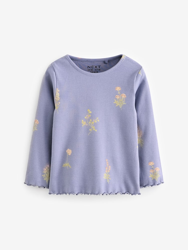 Bleu marine à petites fleurs - T-shirt côtelé à manches longues (3 mois à 7 ans) - Image 4 of 7