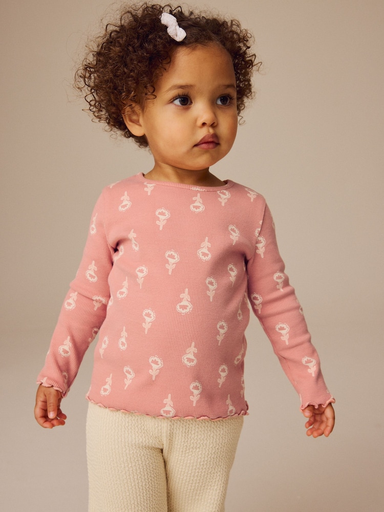 Pink Flower Rib Long Sleeve T-Shirt (3mths-7yrs) - Image 1 of 10