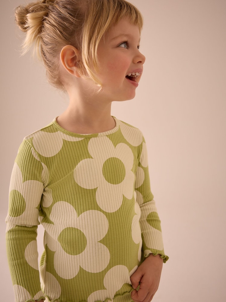 Green Flower Rib Long Sleeve T-Shirt (3mths-7yrs) - Image 1 of 8