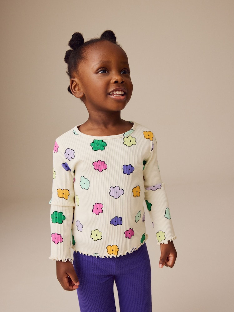 Cream Rainbow Flowers Rib Long Sleeve T-Shirt (3mths-7yrs) - Image 1 of 12