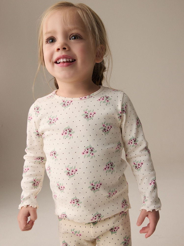 Cream Ditsy Floral Rib Long Sleeve T-Shirt (3mths-7yrs) - Image 1 of 9