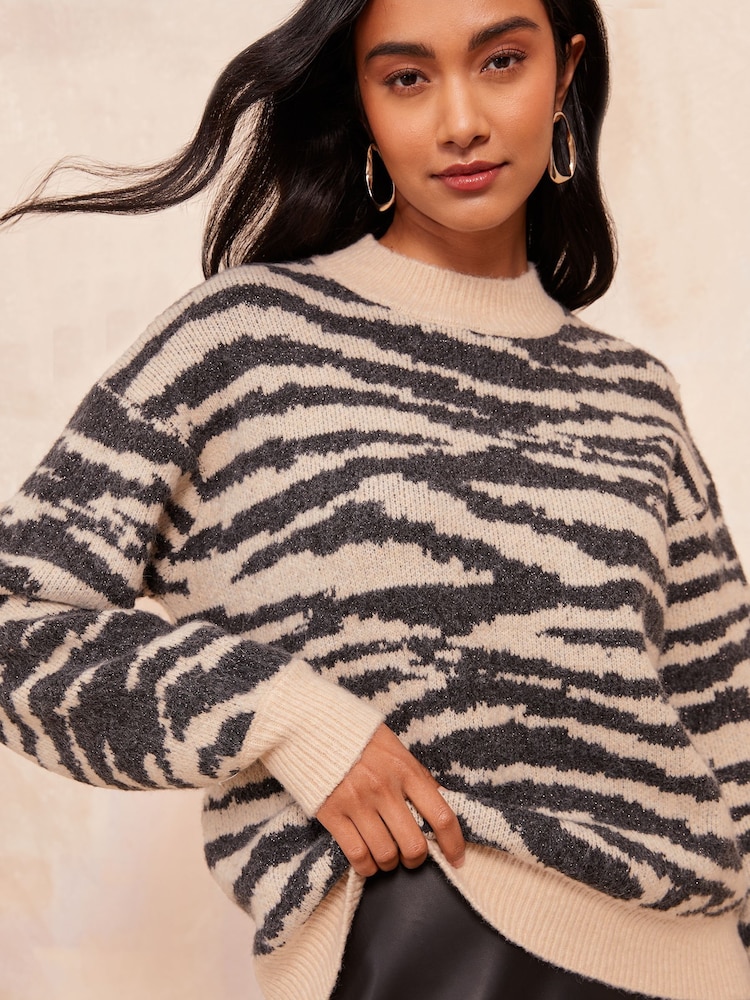 Friends Like These Cream Zebra Printed High Neck Jumper - Image 1 of 4
