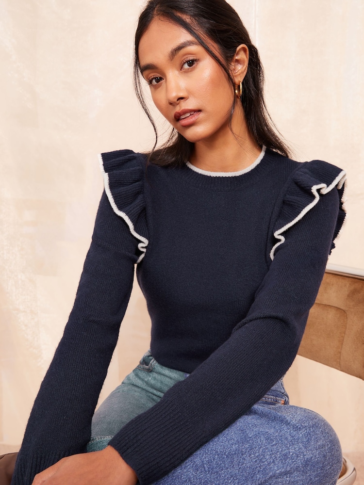 Friends Like These Navy Blue Ruffle Sleeve Jumper - Image 1 of 4 Friends Like These Navy Blue Ruffle Sleeve Jumper - Image 1 of 4