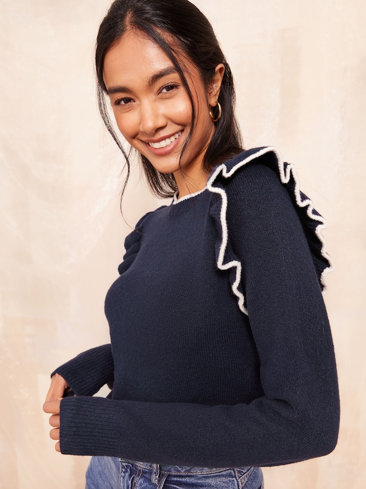 Friends Like These Navy Blue Ruffle Sleeve Jumper - Image 2 of 4 Friends Like These Navy Blue Ruffle Sleeve Jumper - Image 2 of 4