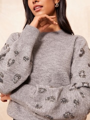 Friends Like These Grey Animal Sequin Sleeve Jumper - Image 1 of 4