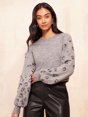 Friends Like These Grey Animal Sequin Sleeve Jumper - Image 2 of 4