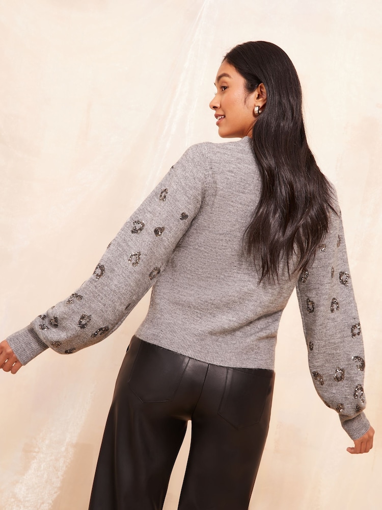 Friends Like These Grey Animal Sequin Sleeve Jumper - Image 4 of 4