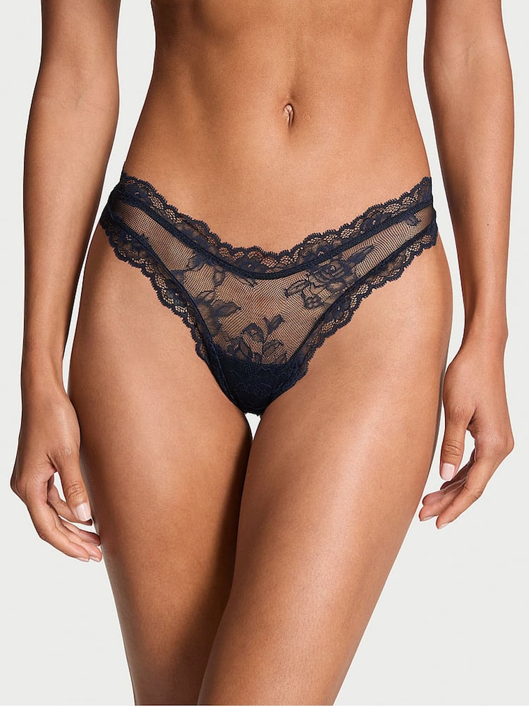 Victoria's Secret Dark Twilight Blue Thong Rose Lace Knickers - Image 1 of 4