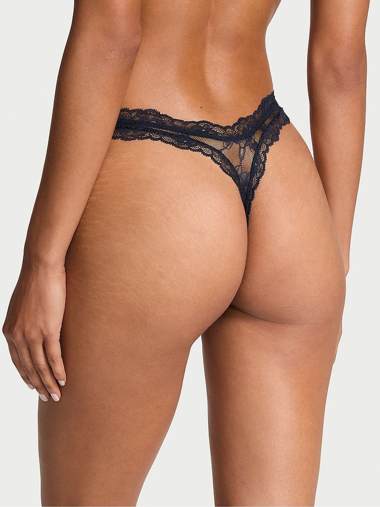 Victoria's Secret Dark Twilight Blue Thong Rose Lace Knickers - Image 2 of 4