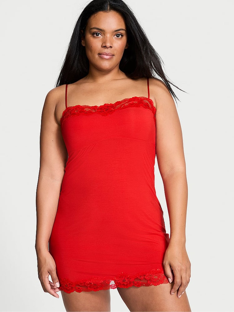 Victoria's Secret Lipstick Red Sequin Lace Modal Straight Neck Slip Dress - Image 1 of 2