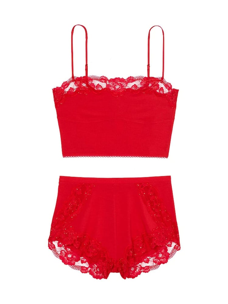 Victoria's Secret Lipstick Red Sequin Lace Straight Neck Modal Cami Set - Image 3 of 3