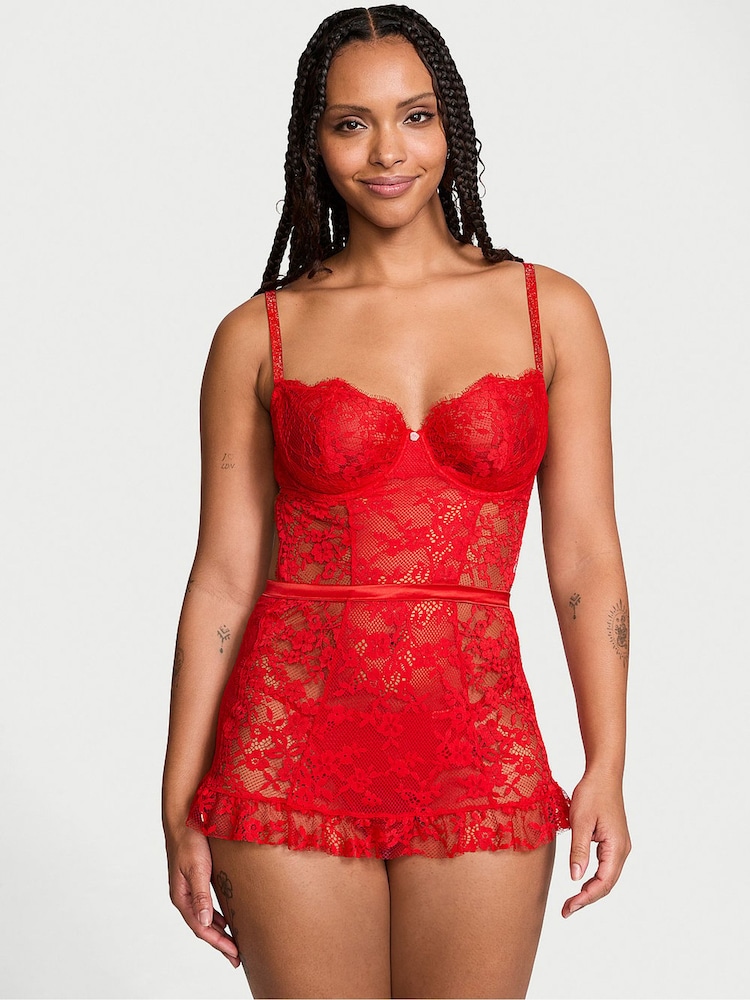 Victoria's Secret Vermillion Red Twinkle Lace Apron Babydoll - Image 1 of 5