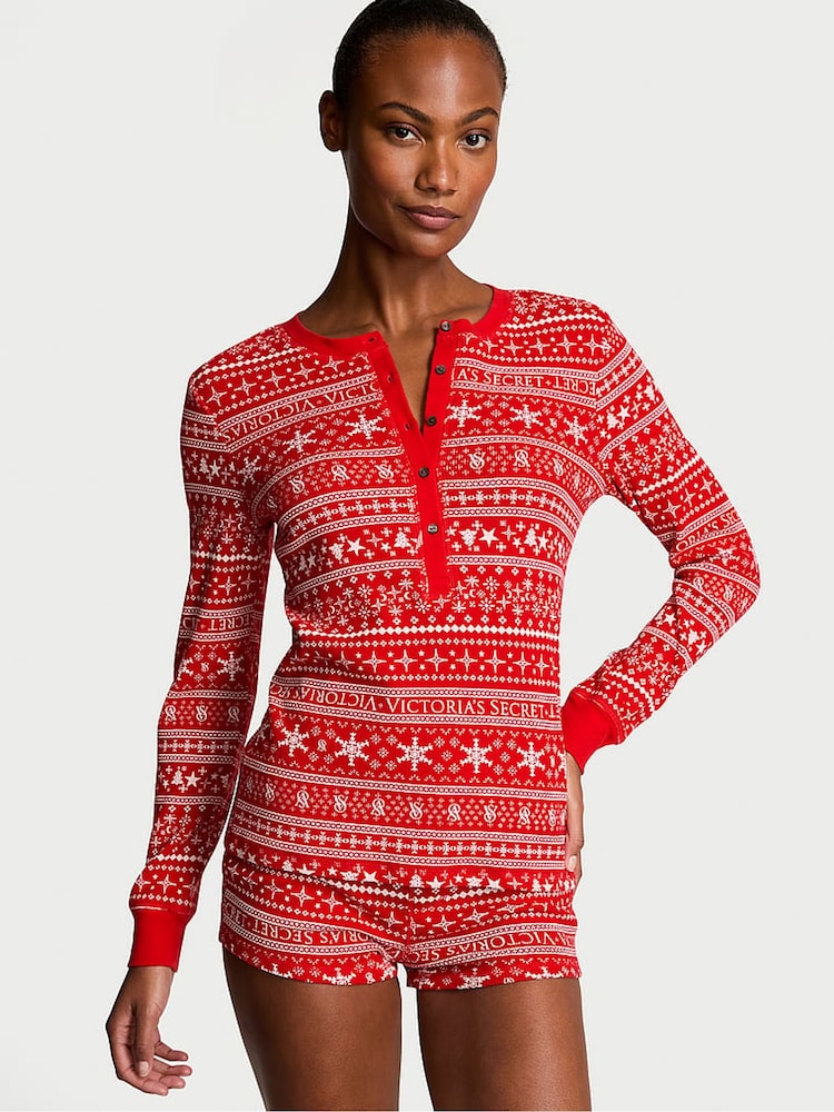 Victoria's Secret Lipstick Fair Isle Red Thermal Short Pyjama Set - Image 1 of 4 Victoria's Secret Lipstick Fair Isle Red Thermal Short Pyjama Set - Image 1 of 4