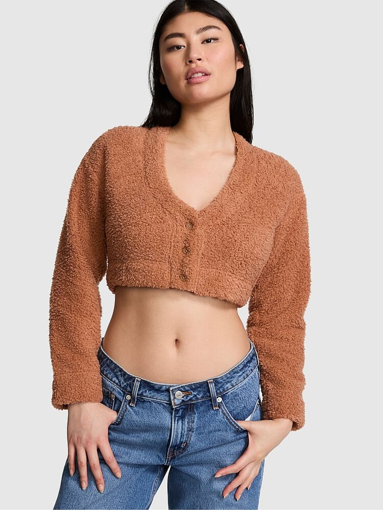 Victoria's Secret PINK Toffee Brown Cosy Knit Cropped Cardigan Pyjama Top - Image 1 of 1