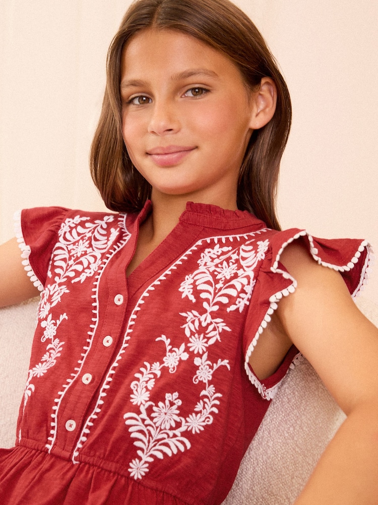 Love & Roses Red Embroidered V Neck Dress (5-16yrs) - Image 2 of 4