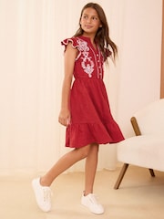 Love & Roses Red Embroidered V Neck Dress (5-16yrs) - Image 3 of 4