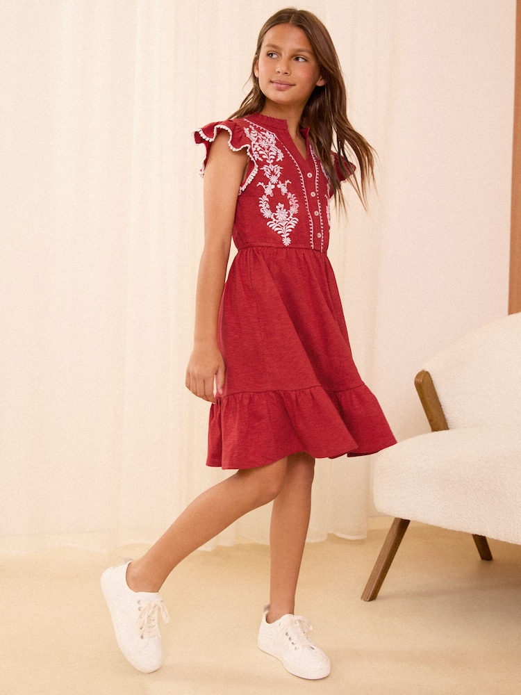 Love & Roses Red Embroidered V Neck Dress (5-16yrs) - Image 3 of 4