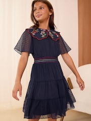 Love & Roses Blue Embrodiered Collar Dress (5-16yrs) - Image 1 of 4