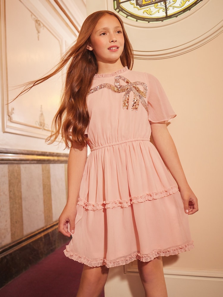 Love & Roses Pink Flutter Sleeve Sequin Bow Dress (5-16yrs) - Image 1 of 4