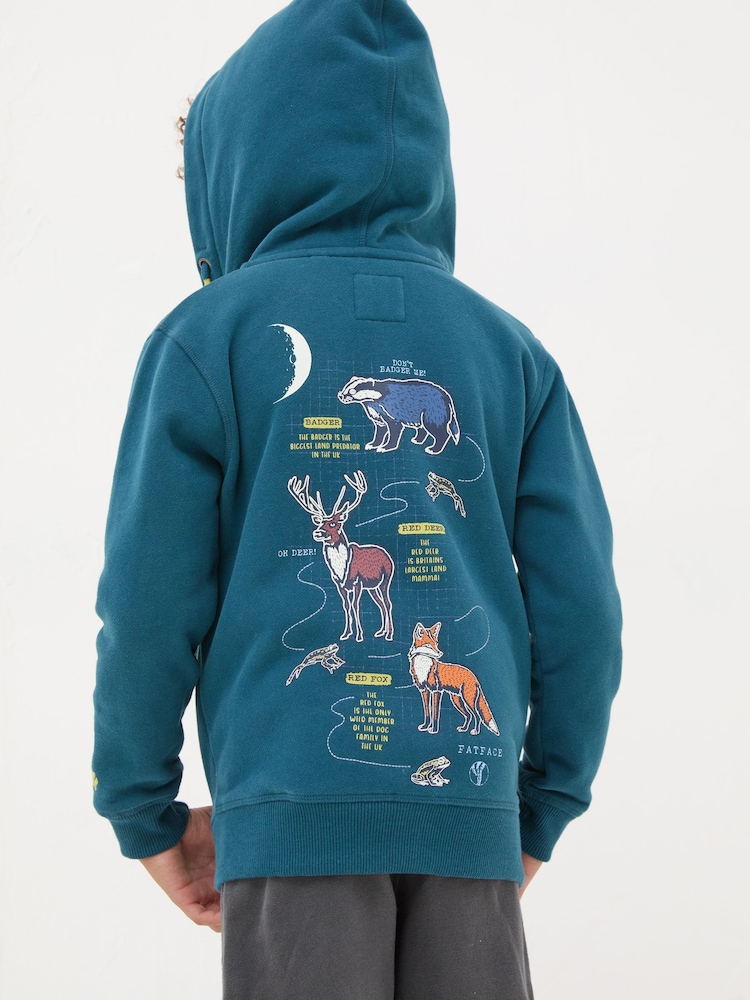 FatFace Teal Blue Dark Skies Animal Zip Through Hoodie - Image 2 of 5