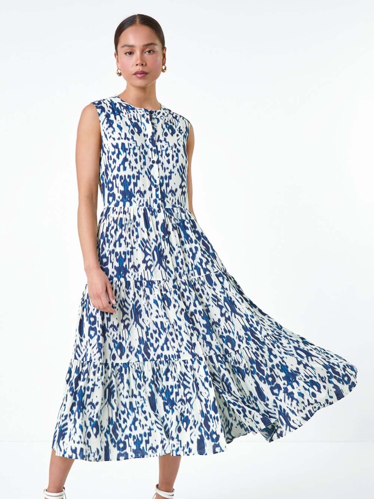 Roman Blue Aztec Style Midi Shirt Dress - Image 1 of 5