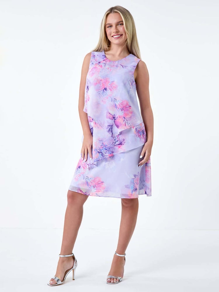 Roman Purple Floral Print Tiered Chiffon Dress - Image 2 of 5