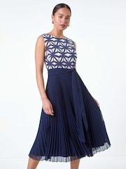 Roman Blue Geometric Print Pleated Midi Dress - Image 2 of 5