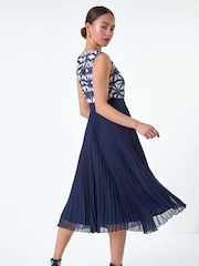 Roman Blue Geometric Print Pleated Midi Dress - Image 3 of 5