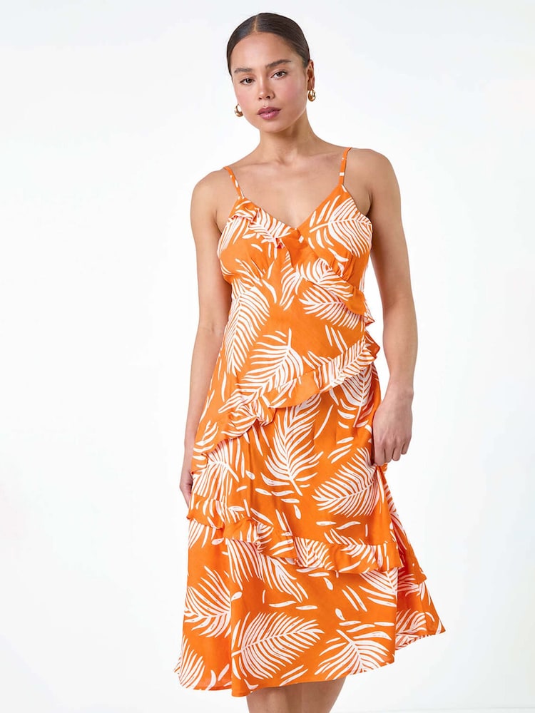 Roman Orange Leaf Print Frill Midi Dress - Image 2 of 5