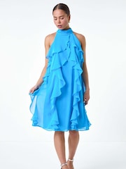 Roman Blue Halter Neck Ruffle Shift Dress - Image 1 of 5