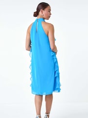 Roman Blue Halter Neck Ruffle Shift Dress - Image 3 of 5