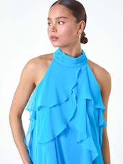 Roman Blue Halter Neck Ruffle Shift Dress - Image 4 of 5
