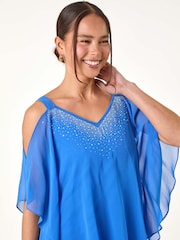 Roman Blue Sparkle Cold Shoulder Chiffon Top - Image 1 of 5