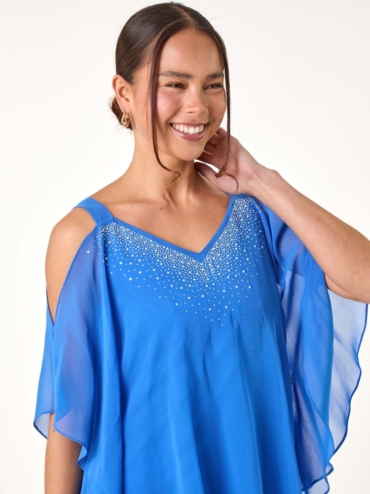 Roman Blue Sparkle Cold Shoulder Chiffon Top - Image 1 of 5