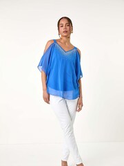 Roman Blue Sparkle Cold Shoulder Chiffon Top - Image 2 of 5